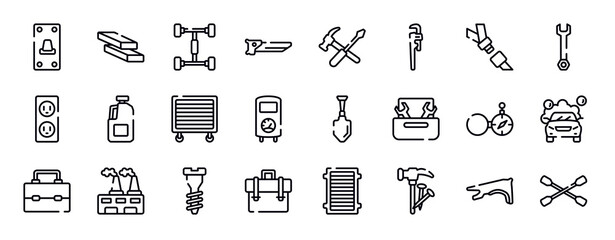 car repair thin line icons collection. car repair editable outline icons set. seatbelt, repair wrench, electric socket, gallon oil, garage wrench, boiler stock vector.
