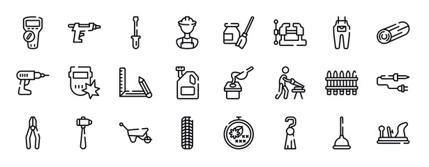 diy thin line icons collection. diy editable outline icons set. jumpsuit, woods, hand drill, weld, drawing tool, engine oil stock vector.