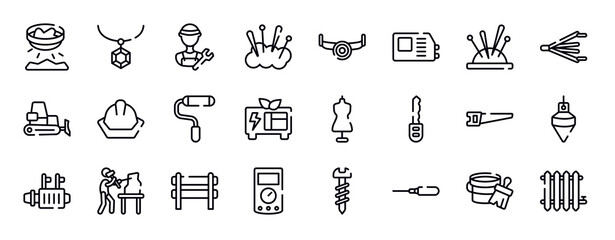plumber thin line icons collection. plumber editable outline icons set. needle holder, bellows, dozer, head protection, painted, green power stock vector.