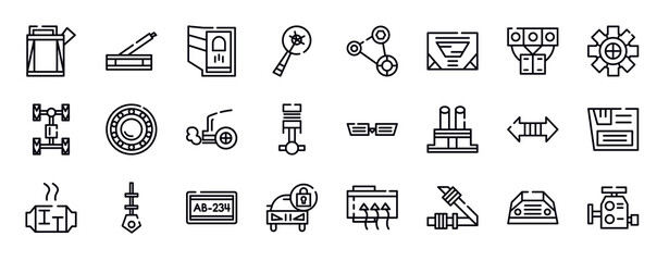 car parts thin line icons collection. car parts editable outline icons set. car manifold, sprocket, axle, bearing, exhaust, piston stock vector.