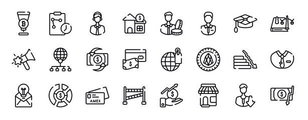 investing thin line icons collection. investing editable outline icons set. mortarboard, law book, favourites, distribute, return on investment, savings stock vector.