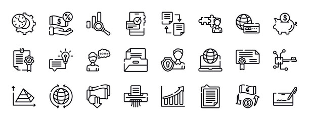 cryptocurrency thin line icons collection. cryptocurrency editable outline icons set. payment method, piggybank, confirmation, suggestion, apology, files and folders stock vector.