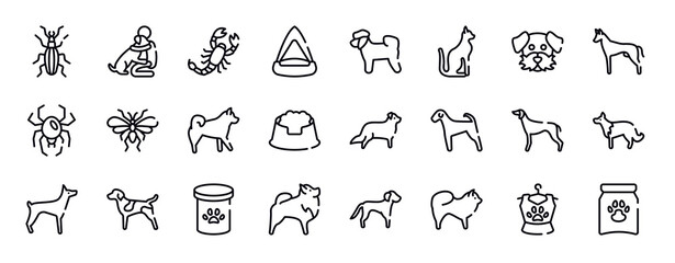 Fototapeta na wymiar dog and training thin line icons collection. dog and training editable outline icons set. dog moustache, pharaoh hound, spider black widow, null, malamute, pet dish stock vector.