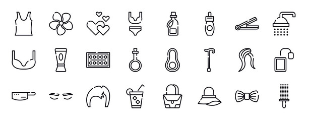 beauty thin line icons collection. beauty editable outline icons set. hair iron, ba, bra, hair conditioner, paints, potions stock vector.