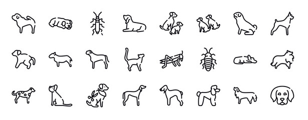 pet lovers thin line icons collection. pet lovers editable outline icons set. pug, boxer, scold the dog, bullterrier, bullmastiff, bengal cat stock vector.