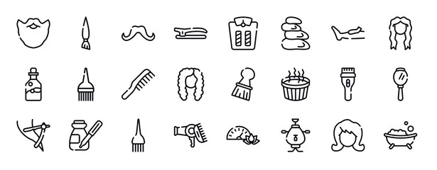 spa and yoga thin line icons collection. spa and yoga editable outline icons set. waxing, long female hair tincture, essential oil, brush tool, hairdressing, curled black long female hair shape