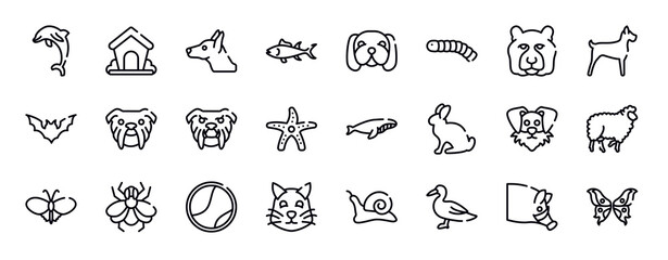 Fototapeta premium free animals thin line icons collection. free animals editable outline icons set. tiger head, big dog, plain bat, bulldog head, angry bulldog face, starfish with dots stock vector.