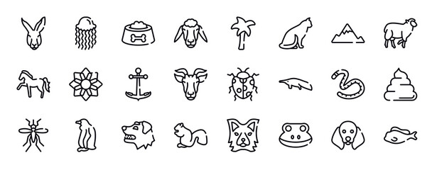free animals thin line icons collection. free animals editable outline icons set. angular mountain, black sheep, horse with leg up, angular flower, boat anchor, goat head stock vector.