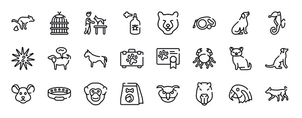 dog and training thin line icons collection. dog and training editable outline icons set. dog seating, sea horse, sea urchin, pet disease, pitbull, pet first aid stock vector.
