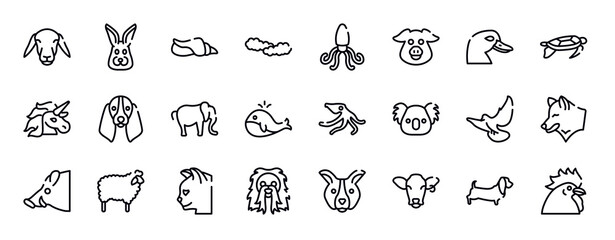 free animals thin line icons collection. free animals editable outline icons set. duck head, swimming turtle, unicorn, bas hound dog head, elephant alone, big whale stock vector.