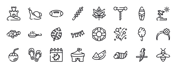 spring thin line icons collection. spring editable outline icons set. suroard, pictures, clown fish, pan, monstera leaf, garlands stock vector.