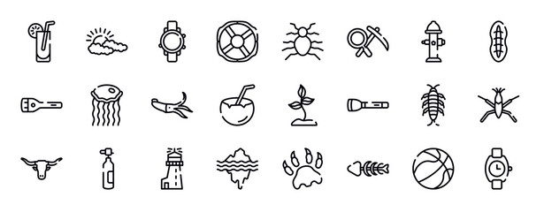 diving thin line icons collection. diving editable outline icons set. fire hydrant, plankton, flashlight, medusa, squid, coconut drink stock vector.