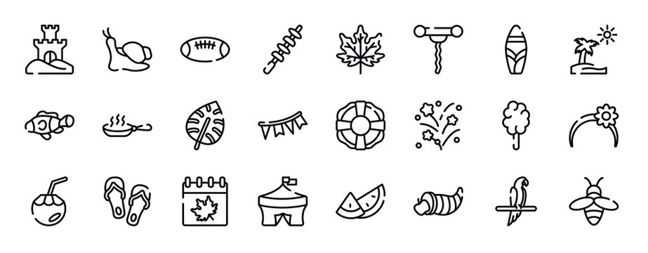 spring thin line icons collection. spring editable outline icons set. suroard, pictures, clown fish, pan, monstera leaf, garlands stock vector.