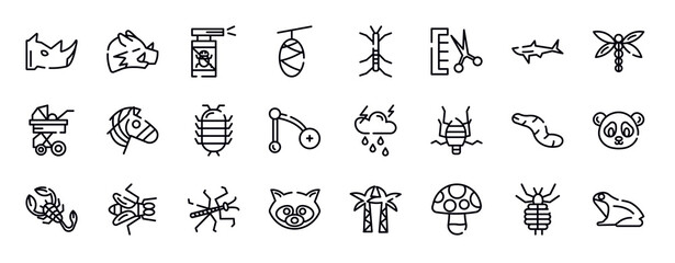 nature thin line icons collection. nature editable outline icons set. shark, dragon fly, stroller, zebra, cochineal, branch stock vector.