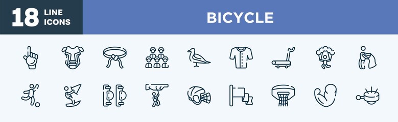 set of bicycle icons in outline style. bicycle thin line icons collection. foam hand, chest guard, belts, baseball team, seagulls, baseball jersey vector.