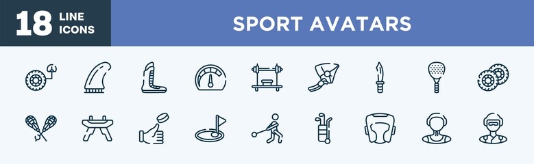 set of sport avatars icons in outline style. sport avatars thin line icons collection. tire pressure, fin, boxing shoe, mph, bench press, hang glider vector.