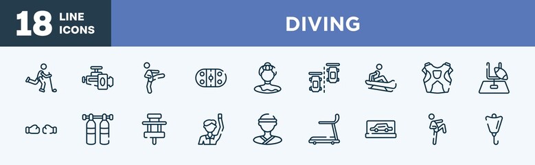 set of diving icons in outline style. diving thin line icons collection. bowman, horsepower, kicking, arena, gymnast, null vector.