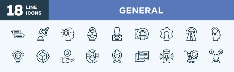 set of general icons in outline style. general thin line icons collection. text chat, satellite antenna, realization, matryoshka, x-ray, mri scanner vector.