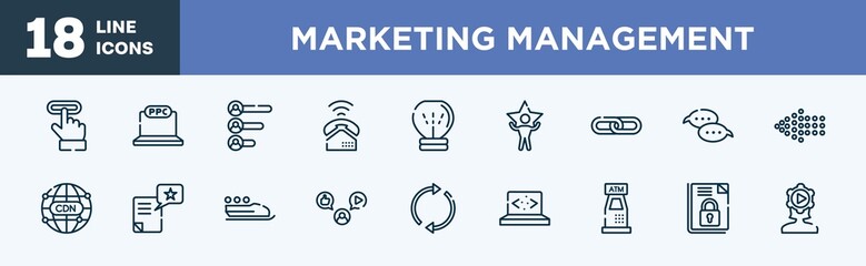set of marketing management icons in outline style. marketing management thin line icons collection. subscription, ppc, voting results, ringing, null, superior vector.