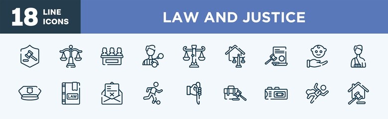 set of law and justice icons in outline style. law and justice thin line icons collection. defense, law balance, jury, criminal, business real estate vector.