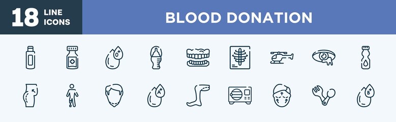 set of blood donation icons in outline style. blood donation thin line icons collection. body oil, medicine jar, type 0, baby bottle, dentures, x rays vector.