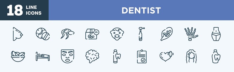 set of dentist icons in outline style. dentist thin line icons collection. bosom, medicines time, sperms, 24 hours drugs delivery, baby face, dentists drill tool vector.
