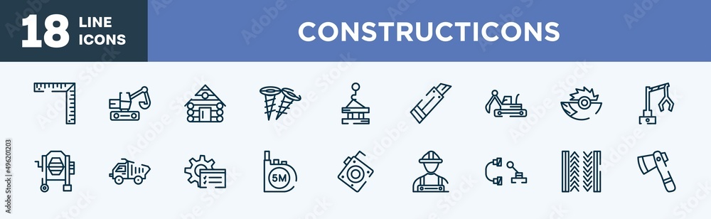 Poster set of constructicons icons in outline style. constructicons thin line icons collection. angle ruler
