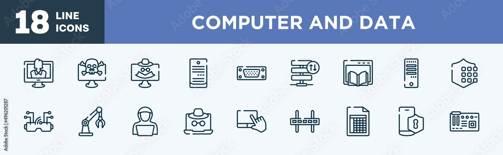Poster set of computer and data icons in outline style. computer and data thin line icons collection. talk show, crime, spyware, computer server, port, server traffic vector.