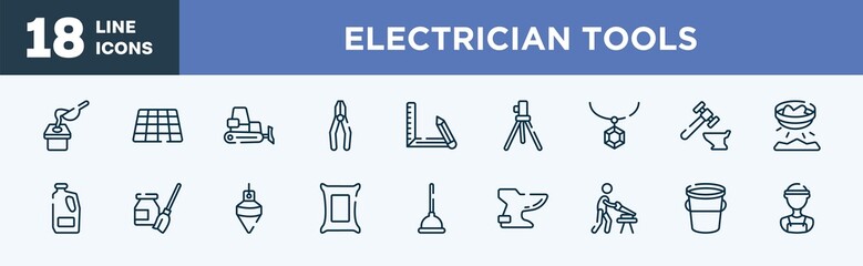 set of electrician tools icons in outline style. electrician tools thin line icons collection. crucible, tiles, dozer, crimping pliers, drawing tool, geodetic vector.