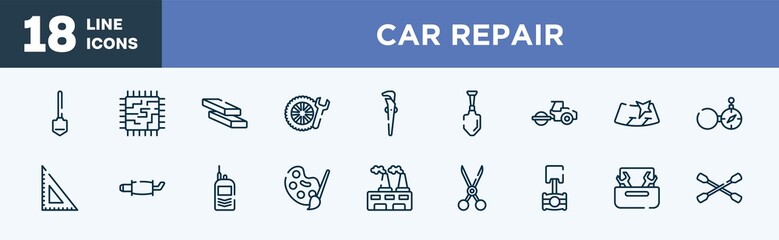 Fototapeta premium set of car repair icons in outline style. car repair thin line icons collection. working shovel, motherboard lines, firewood trunks stacked, winter tires, adjustable spanner, gardening palette