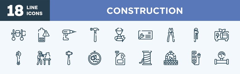 set of construction icons in outline style. construction thin line icons collection. cement mixer, empty battery, hand drill, hammering, electrician, business cards vector.