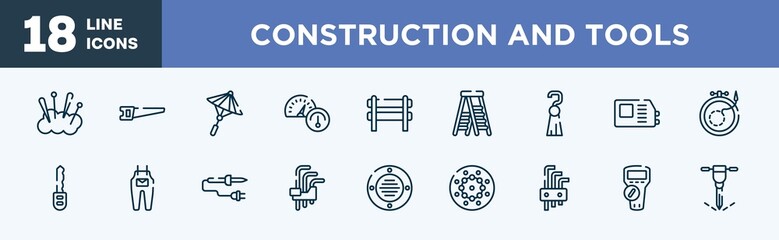 set of construction and tools icons in outline style. construction and tools thin line icons collection. cushion, hacksaw, japanese umbrella, oil gauge, barricade, stepladder vector.