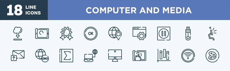 set of computer and media icons in outline style. computer and media thin line icons collection. internet cloud download, touch screen, wax seal with ribbon, ok button, placeholder on a globe,