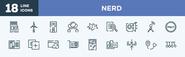 set of nerd icons in outline style. nerd thin line icons collection. micro card, wind turbine, computer case, cloud sharing, comic, investigation vector.