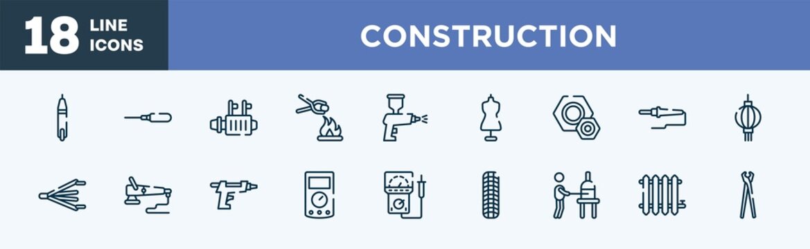 set of construction icons in outline style. construction thin line icons collection. voltage indicator, autoloader, starter, furnace, spray paint gun, tailor vector.