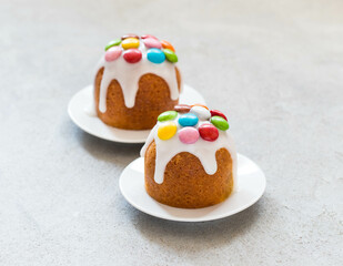 Easter cake with icing sugar, decorated with colorful candy dragees, on a plate. Light grey background	