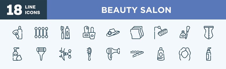 set of beauty salon icons in outline style. beauty salon thin line icons collection. after shave, cotton swabs, toothbrush and toothpaste, two nail polish, vintage woman hat, cleaning wipes vector.