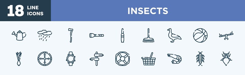 set of insects icons in outline style. insects thin line icons collection. watering can, precipitation, axe, torch, bullets, rake vector.