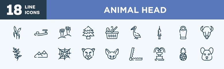set of animal head icons in outline style. animal head thin line icons collection. bulrush, sandals, branches, spruce, picnic basket, pelican vector.