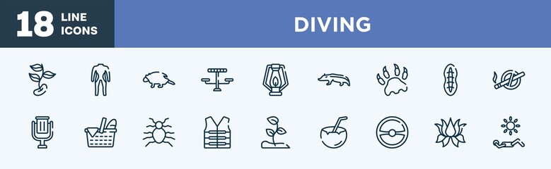 set of diving icons in outline style. diving thin line icons collection. beans, diving suit, porcupine, picnic table, oil lamp, badger vector.