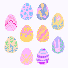 Set of Easter painted eggs in doodle style.