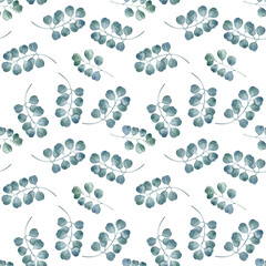Fototapeta na wymiar Watercolor seamless pattern of eucalyptus branches. Green leaves painted in watercolor by hand. It can be used as an element of decorative design of invitations, wedding or greeting cards.