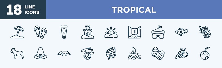 set of tropical icons in outline style. tropical thin line icons collection. sun umbrella, flip flops, sun lotion, sand castle, sunrise, cataract vector.
