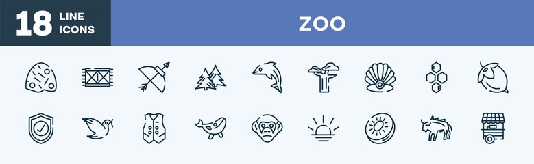 set of zoo icons in outline style. zoo thin line icons collection. anthill, rug, bow and arrow, spruce, dolphin, baobab vector.