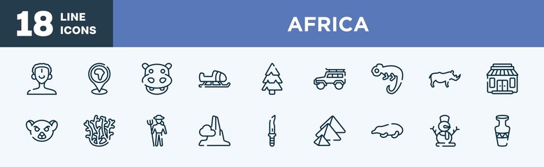 set of africa icons in outline style. africa thin line icons collection. african man, location pin, hippopotamus, sled, pine, vector.