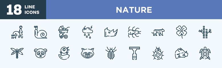 set of nature icons in outline style. nature thin line icons collection. walking the dog, snail, stroller, thunderstorm, rhinoceros, tarantula vector.