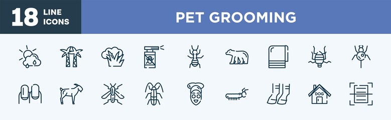 set of pet grooming icons in outline style. pet grooming thin line icons collection. clouds and sun, palm tree, bush, anti flea, ant, polar bear vector.