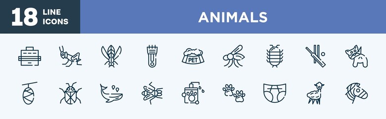 set of animals icons in outline style. animals thin line icons collection. pet carrier, grasshopper, winged insect, hair clipper, pet bowl, mosquito vector.