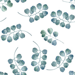 Watercolor seamless pattern of eucalyptus branches. Green leaves painted in watercolor by hand. It can be used as an element of decorative design of invitations, wedding or greeting cards.