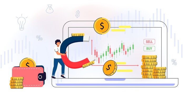 Take profit and graph Signal buy or sell Investor is taking profit form stock chart Computer foreign exchange trading Increase dividend Online market Purchase shares concept Flat vector illustration